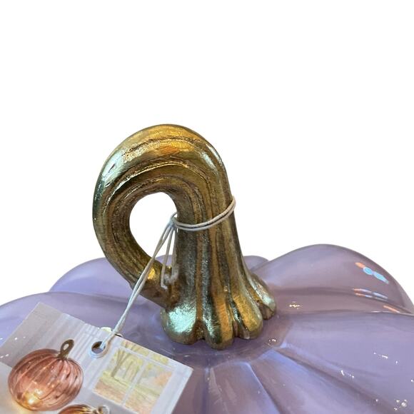 Lavender LED Glass Pumpkin w/ Gold Metal Stem Made in India Fall Decor NEW - Picture 8 of 12